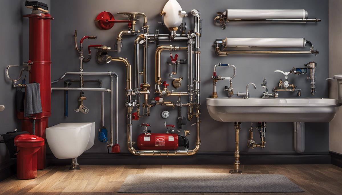 A descriptive image depicting various plumbing components and tools used in a home plumbing system.
