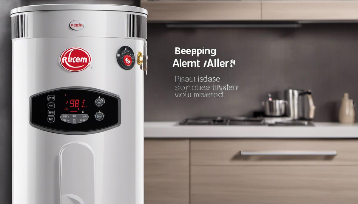 An image of a Rheem water heater with the words 'Beeping Alert' written on the side.