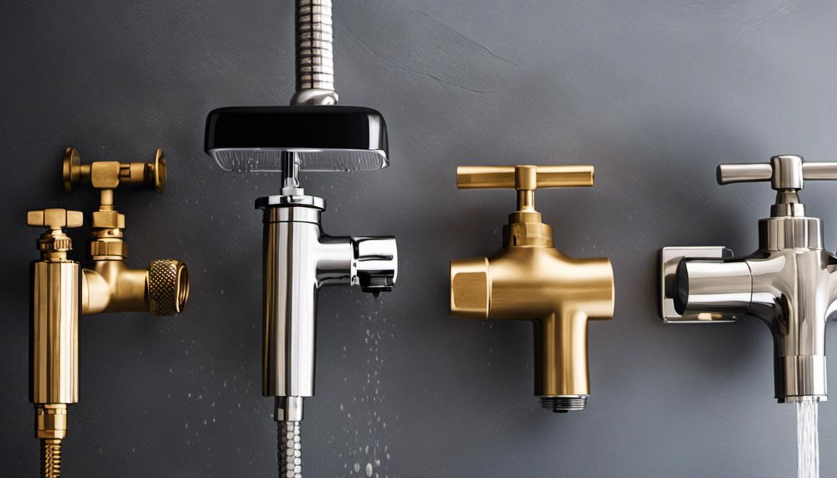 Image of different shower plumbing components such as water supply pipes, diverter valve, shower valve, showerhead, faucet, drain, and trap.