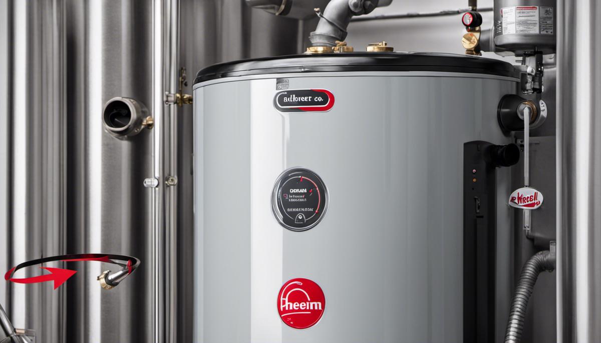 An image of a Rheem water heater indicating different indicators with arrows pointing to them.